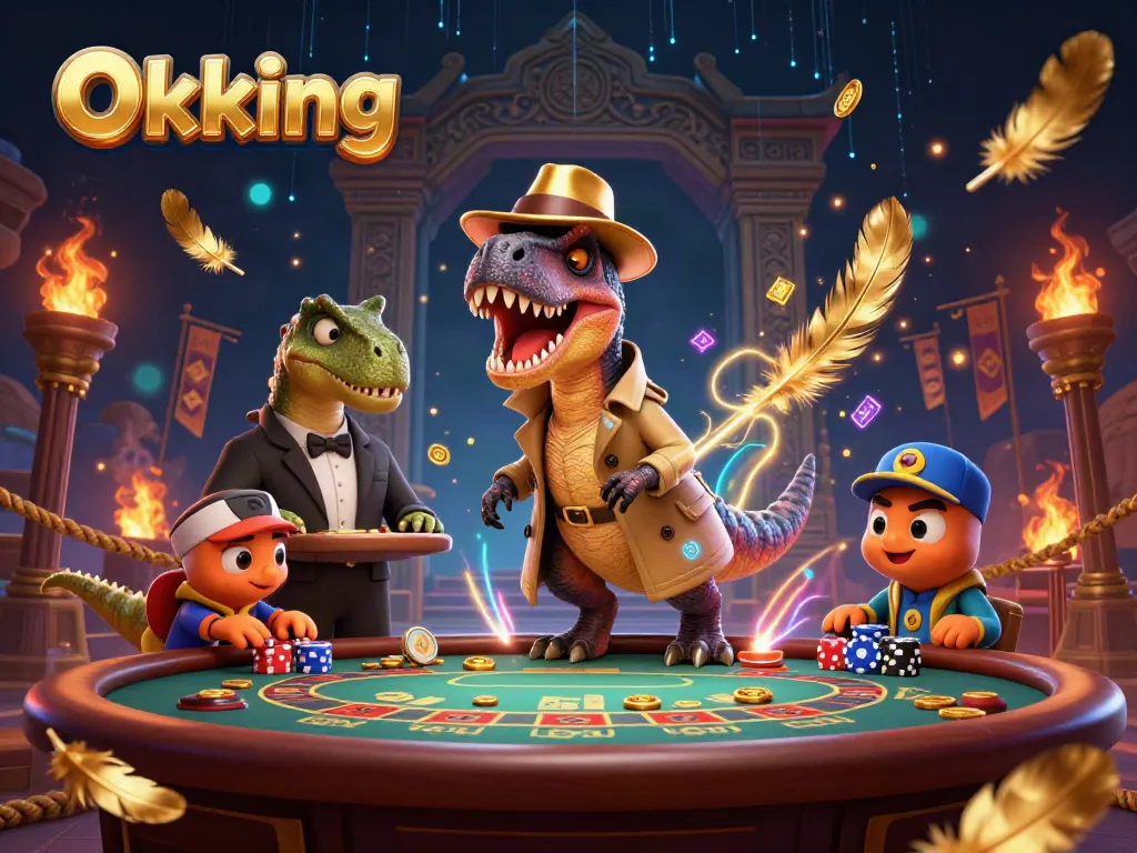 Engage in thrilling gameplay at Okking with a velociraptor card counter at blackjack, vibrant casino atmosphere