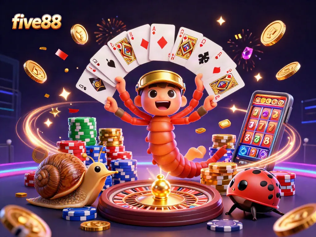 Experience thrilling gaming adventures with five88's vibrant illustration featuring a millipede dealer and dynamic casino elements.