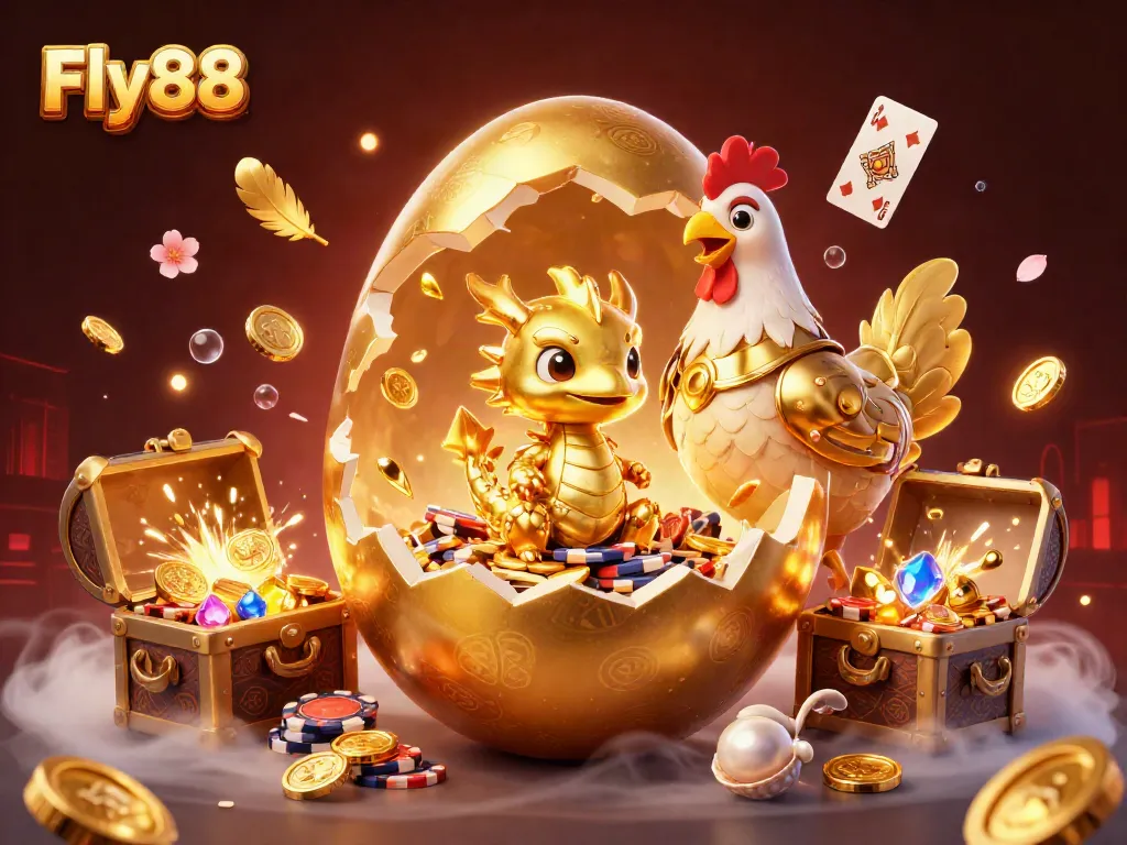 Fly88 offers an exciting casino experience with a golden dragon and poker chips in a vibrant scene.