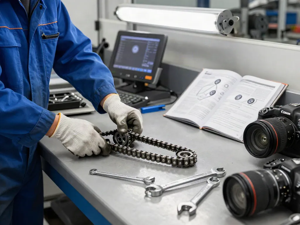 Mechaniker bei der Arbeit, um die BMW Steuerkette zu wechseln, in einer professionellen Werkstatt.