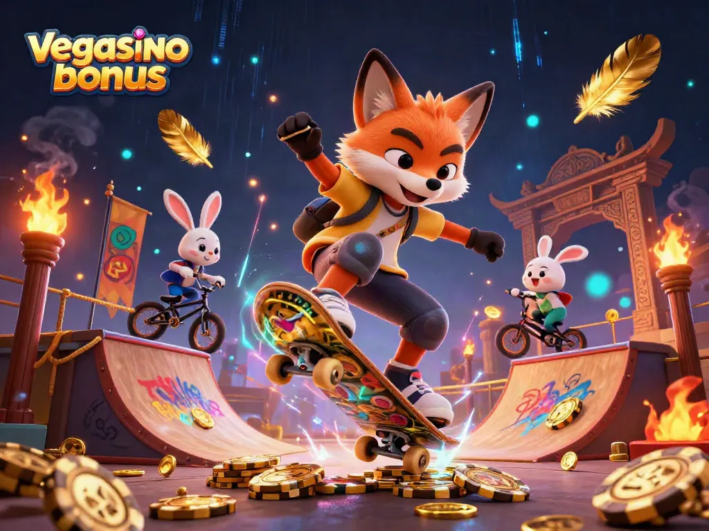 Engage with the exciting vegasino bonus as a skateboarder fox and BMX-riding rabbit perform casino-themed tricks.