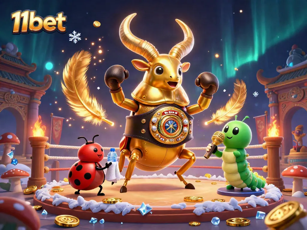 Exciting 11bet gaming scene with a golden stag beetle and ladybug corner-man amid a dynamic betting arena.