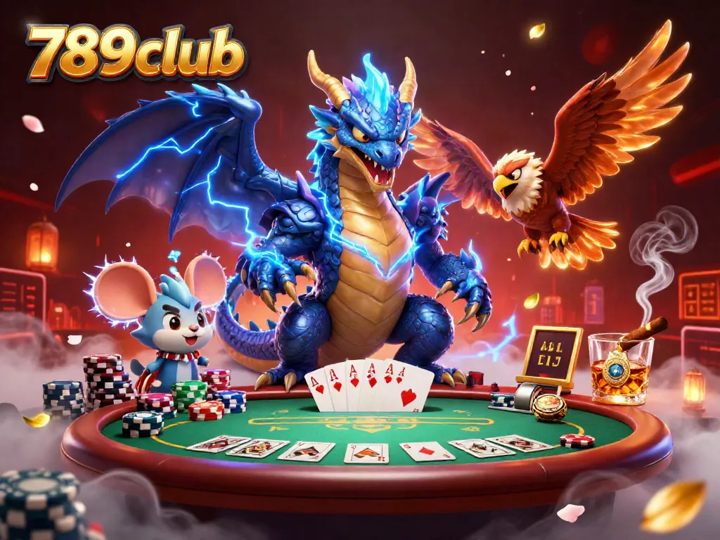 Experience the thrill of 789club in this vibrant casino illustration with poker elements, characters, and dynamic energy.