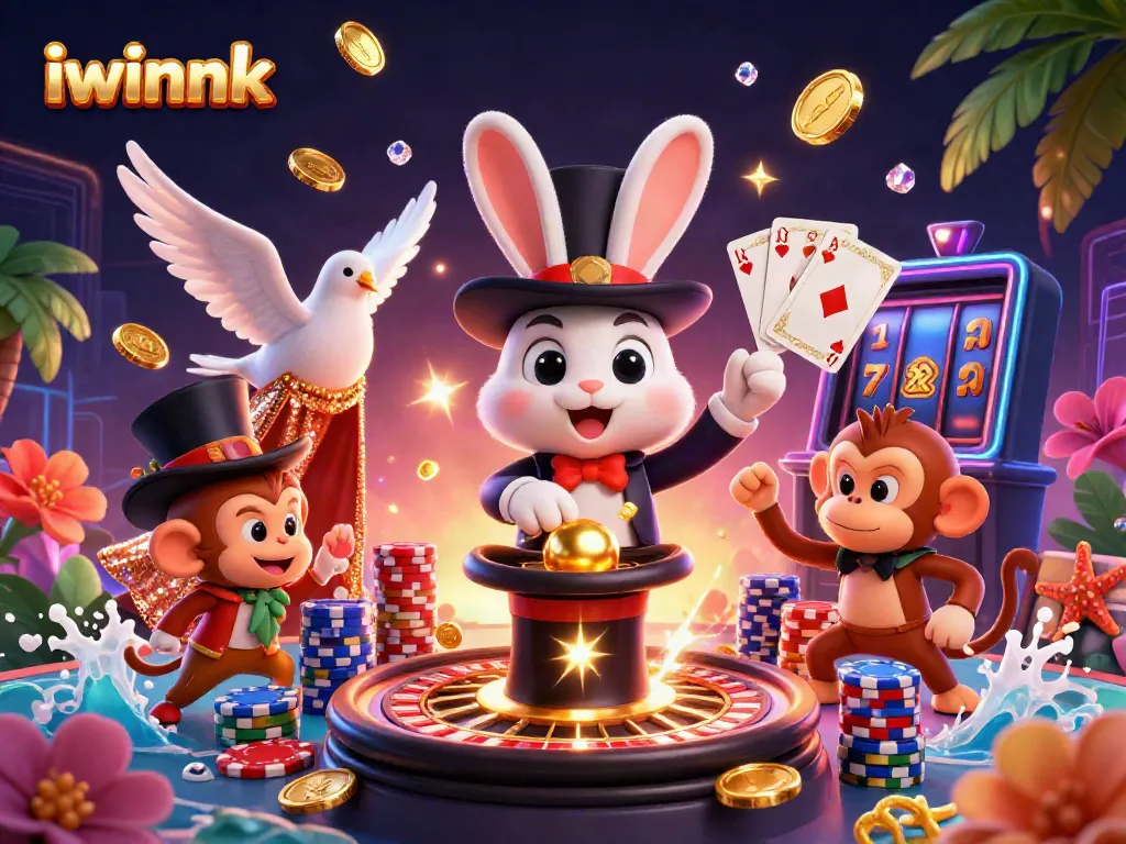 Experience winning excitement with iwinnk's vibrant 3D casino illustration featuring a magical scene full of gold coins and poker chips.