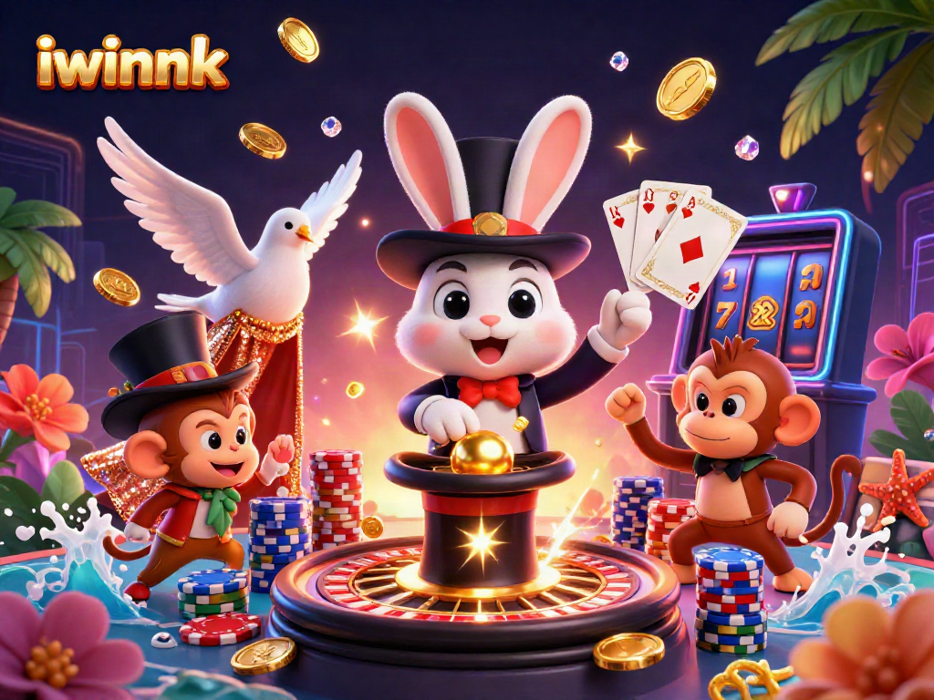 Experience winning excitement with iwinnk's vibrant 3D casino illustration featuring a magical scene full of gold coins and poker chips.