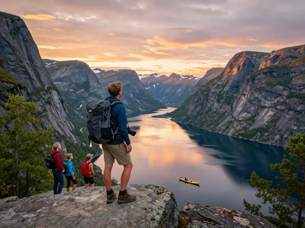 Bezaubernde Aussicht auf die Fjorde in Norwegen, die Reisende und Abenteuerausrüstung für Skandinavien Reisetipps zeigt.