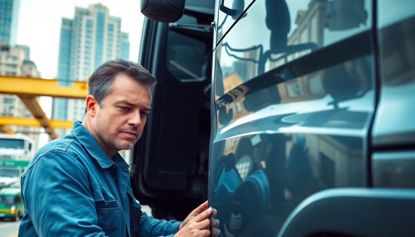 Lkw Gutachten Augsburg – Fachmann inspiziert einen Lkw in einer urbanen Umgebung.