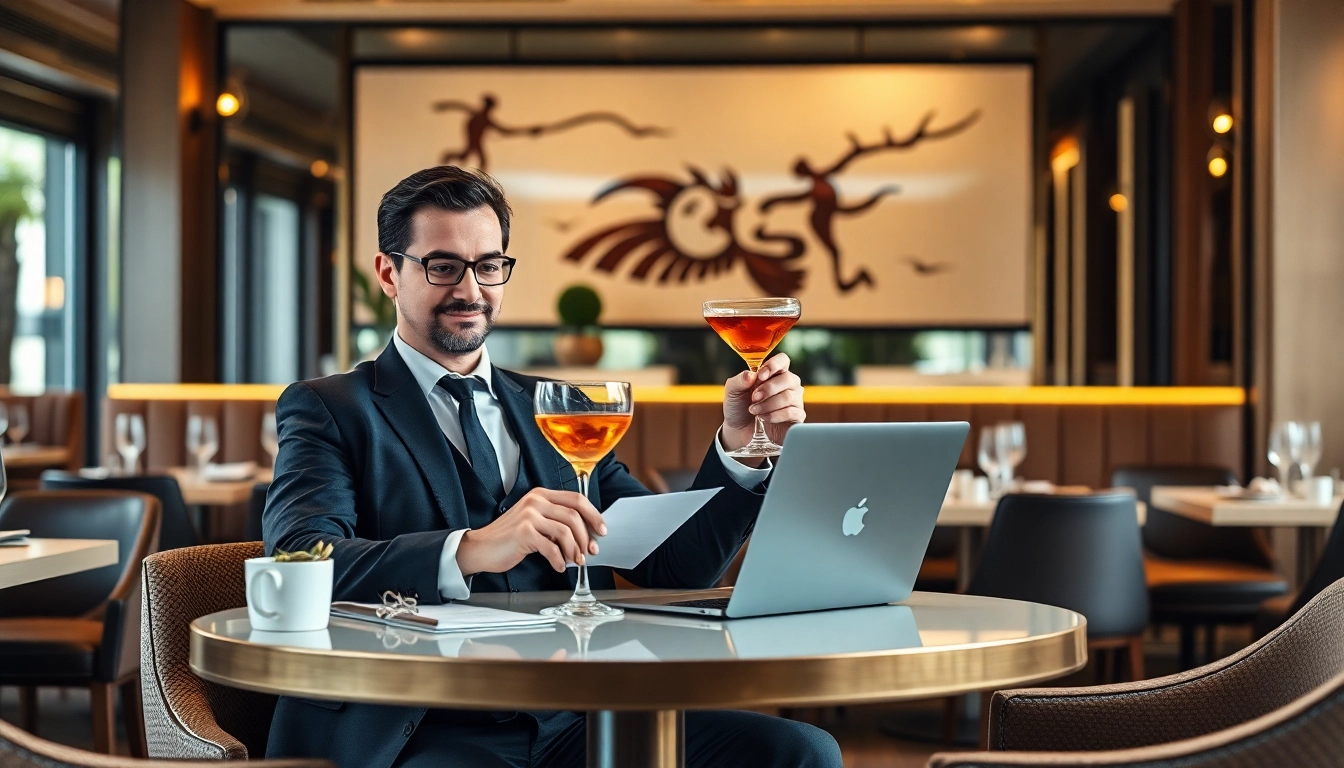 Headhunter Gastronomie bei der Arbeit in stilvollem Restaurant, umgeben von eleganten Gastronomie-Details.