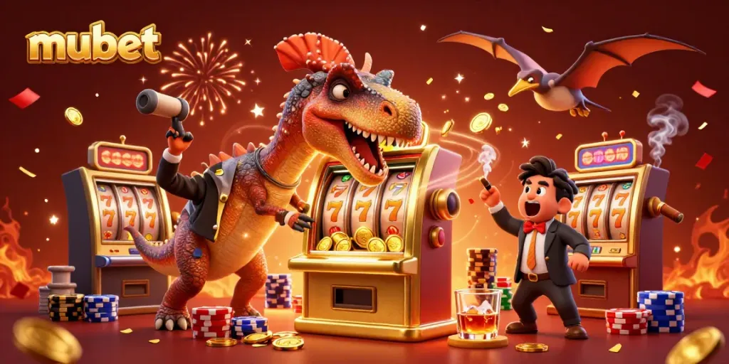 Mubet's vibrant 3D casino scene with characters celebrating a jackpot, showcasing dynamic slot elements and festive atmosphere.