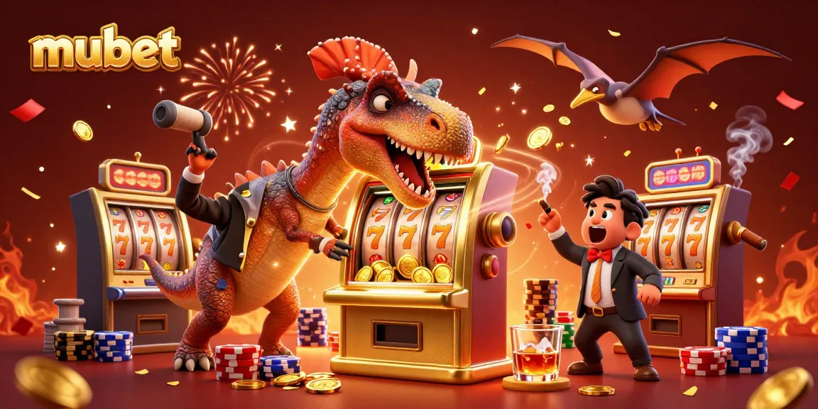Mubet's vibrant 3D casino scene with characters celebrating a jackpot, showcasing dynamic slot elements and festive atmosphere.