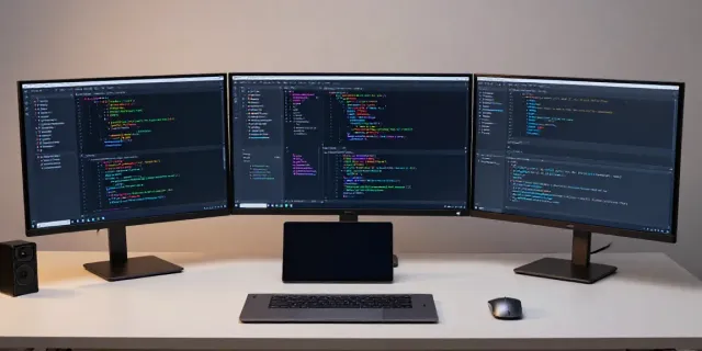 Das Bild zeigt eine moderne Entwicklerarbeitsumgebung, die gg, Softwareentwicklung, Cloud-Technologie und innovative digitale Plattformen vereint.