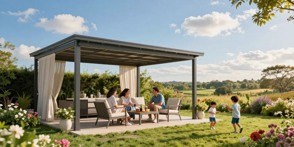 Terrassenüberdachung freistehend im Garten mit Familie und Kindern.