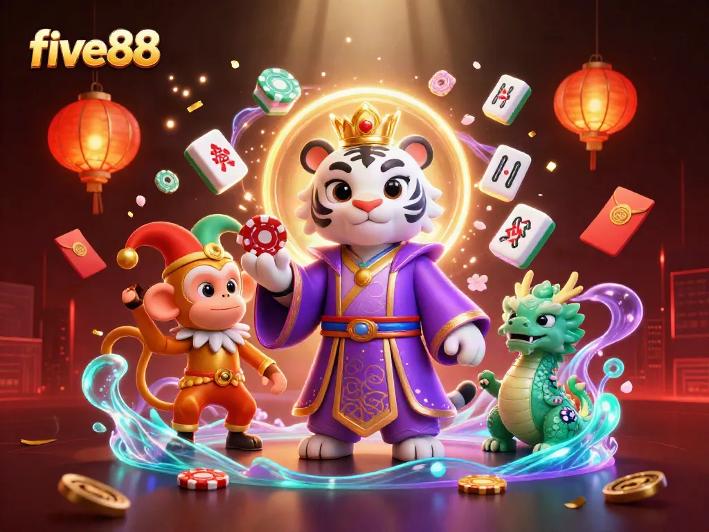 Experience five88's dynamic gaming atmosphere featuring a royal tiger and playful monkey with vibrant casino elements.