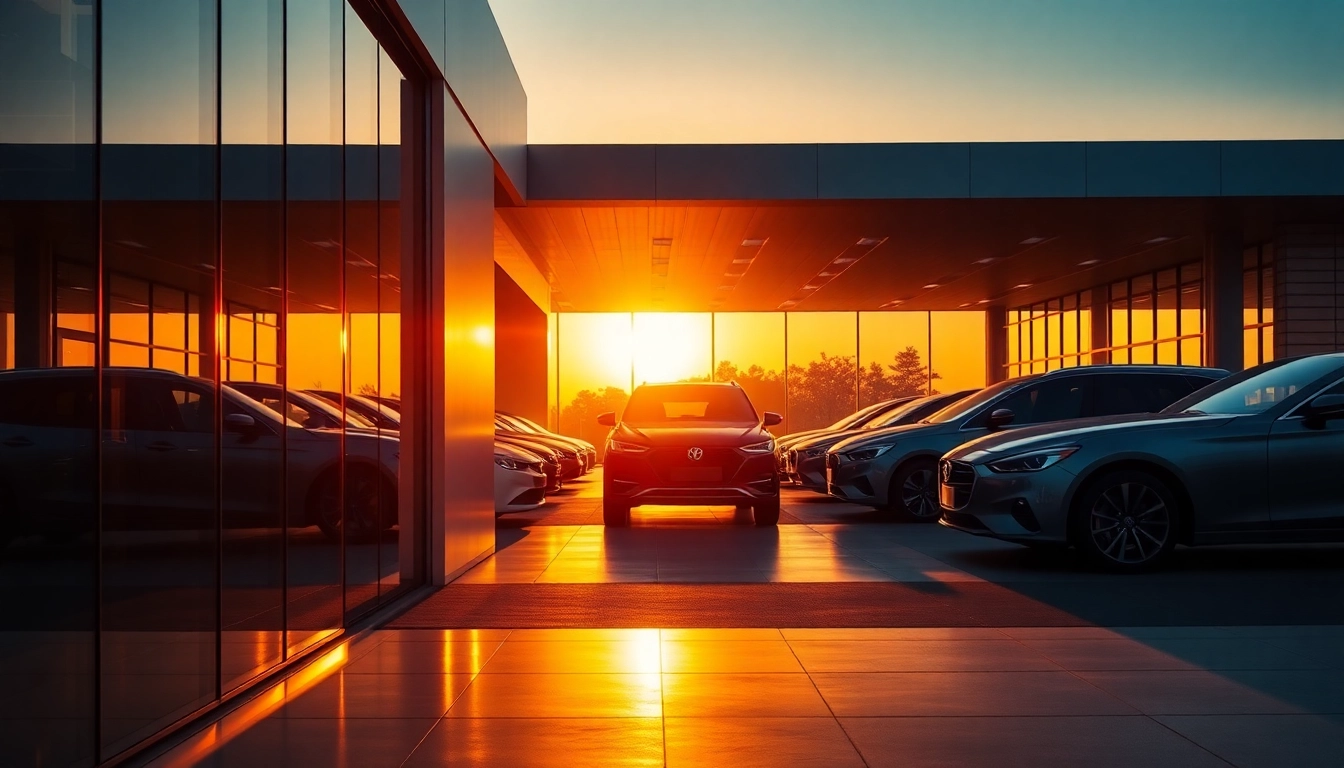 Auto kaufen in einer modernen Autohandelsumgebung bei Sonnenuntergang, einladend und professionell.