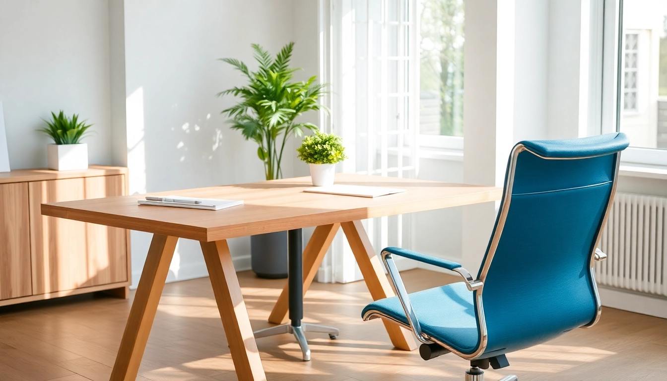 Büromöbel in einem modernen Büro-Design, inklusive ergonomischem Schreibtisch und stilvollem Stuhl.