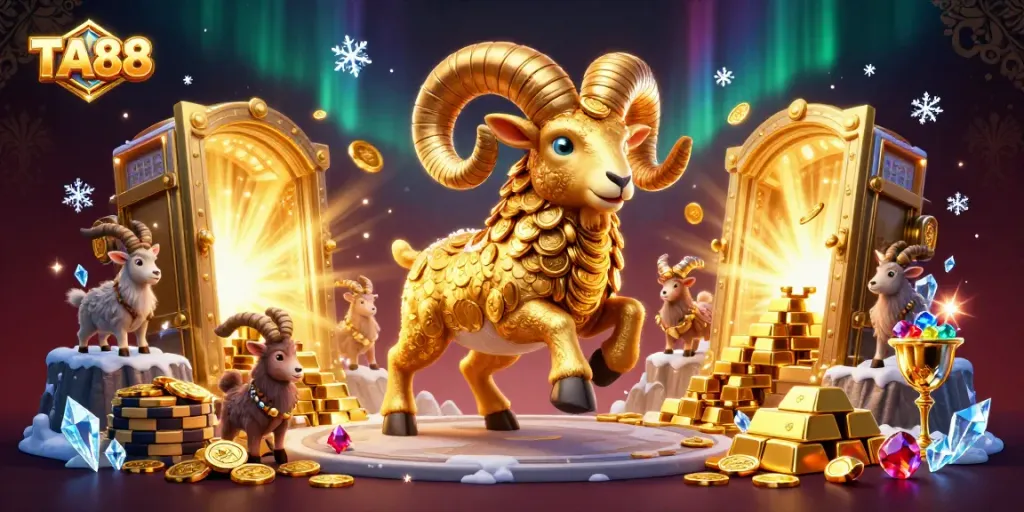 TA88 showcases epic golden ram illustration charging through a treasure vault scene filled with gems and riches.
