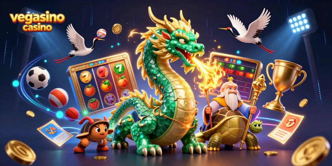 Win big at vegasino casino with vibrant dragon and dynamic elements in a colorful gaming scene.