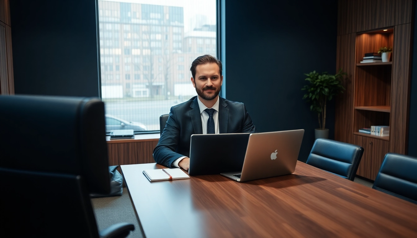 Headhunter Wiesbaden bei der Arbeit, umgeben von Akten und einem Laptop in einem modernen Büro.