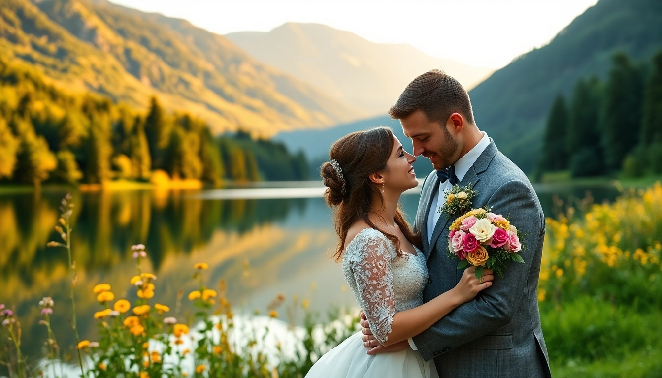 Hochzeitsfotograf Schliersee fängt das glückliche Paar vor dem malerischen Schliersee ein.