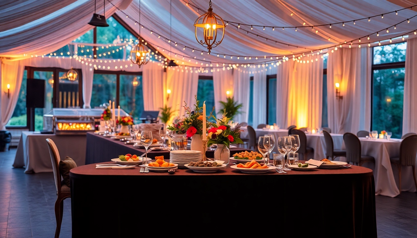 Catering-Buffet mit sorgfältig angerichteten Speisen und stilvollen Dekorationen auf einem elegant gedeckten Tisch.