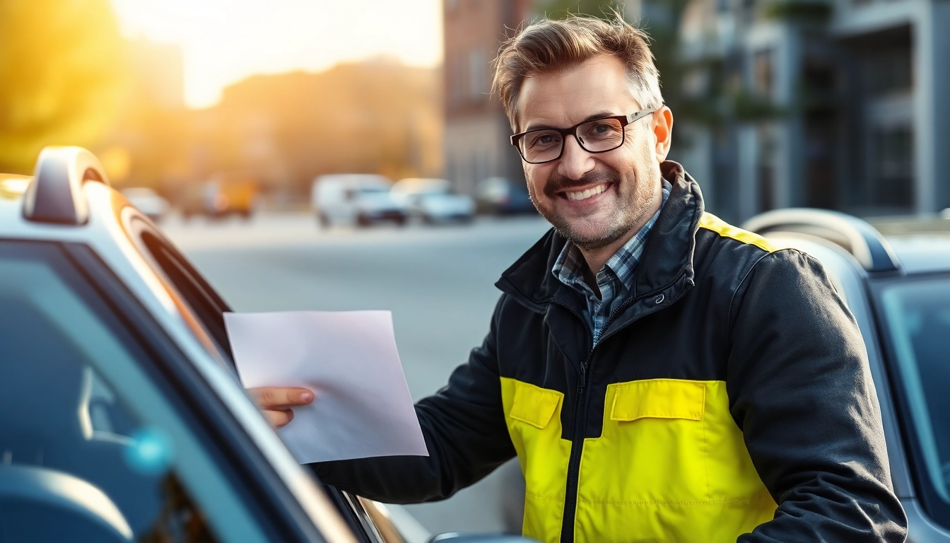 Kfz Gutachter Berlin analysiert Fahrzeugschäden mit einem Notizblock in der Hand, neben zufriedenen Kunden.
