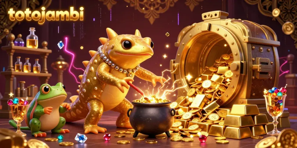 Experience the dynamic energy of totojambi with gold coins, gems, and a magical alchemist scene.