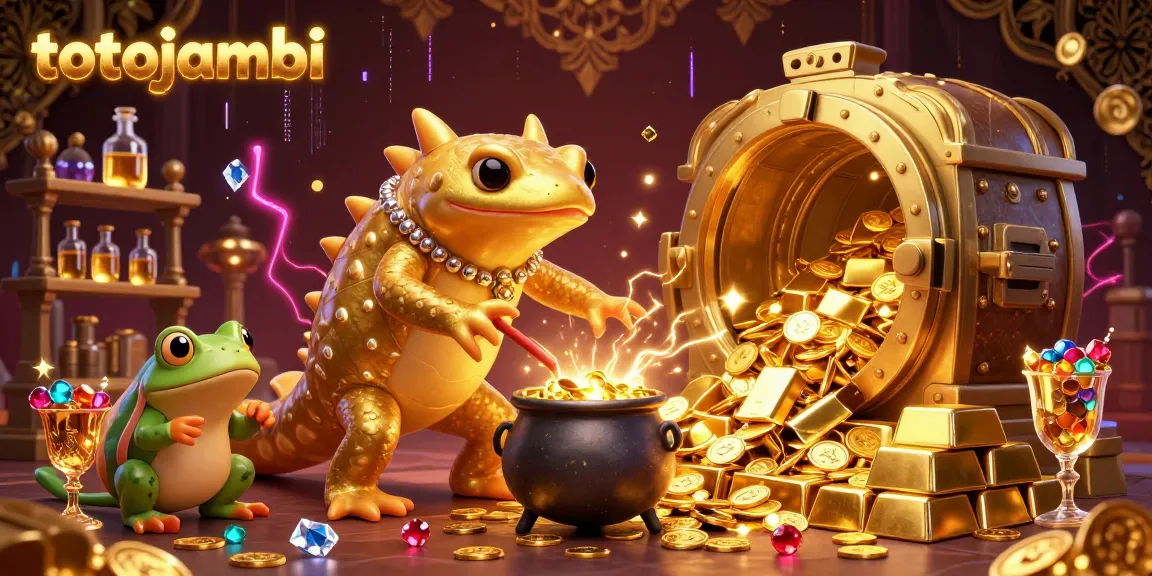 Experience the dynamic energy of totojambi with gold coins, gems, and a magical alchemist scene.