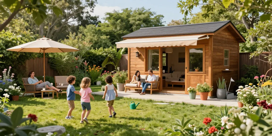 Schönes Gartenhaus von McGarden24 im Garten mit blühenden Pflanzen und einer einladenden Terrasse.
