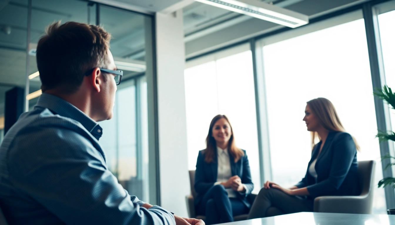 Engagierte Beratung für Outplacement für Führungskräfte im modernen Büro mit Coach und Klienten.