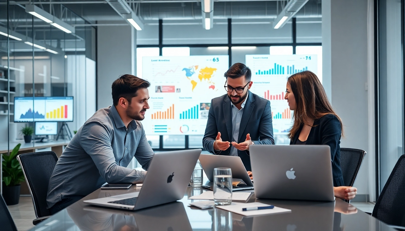 Online Marketing Team discussions in modern office environment with colorful charts.