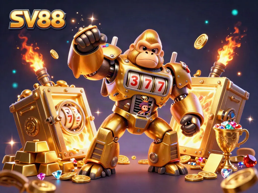 Engage in exhilarating gaming action with SV88's golden gorilla mech surrounded by treasure and excitement.