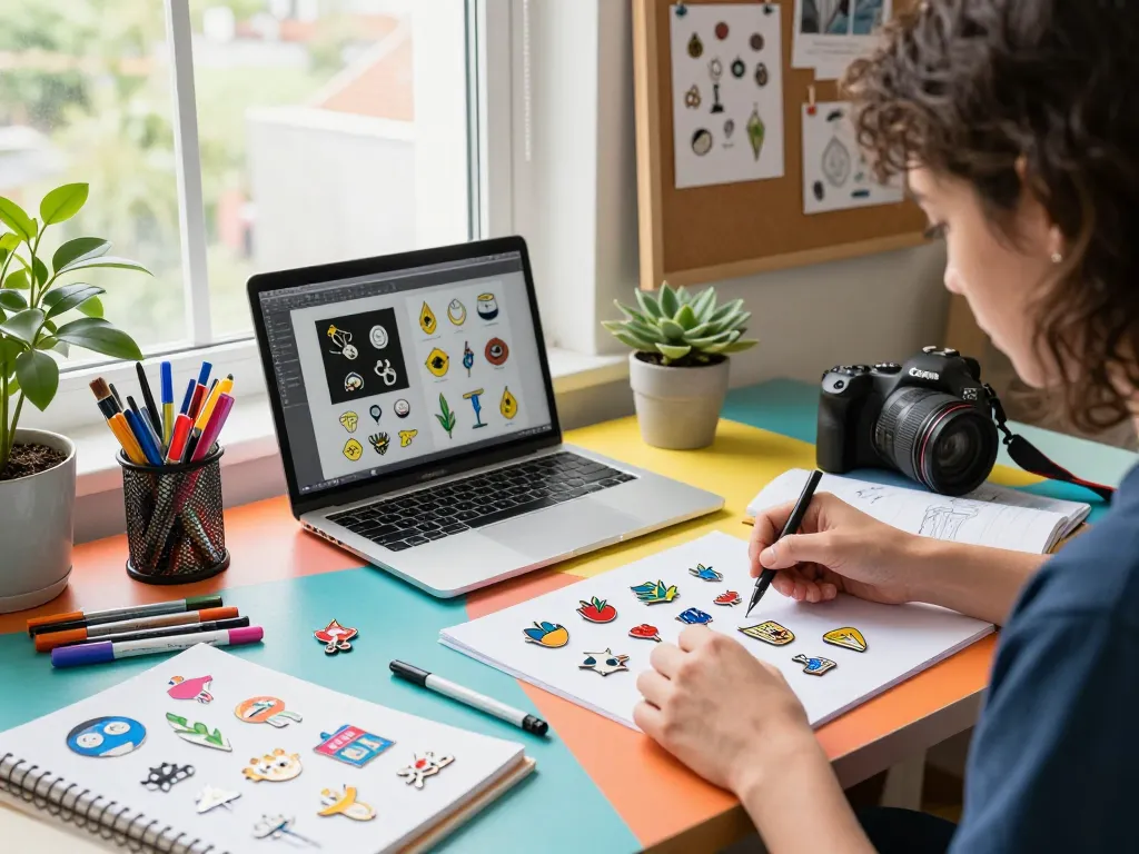 Explore creative individuelle pins design in a colorful workspace with tools and materials surrounding a designer.