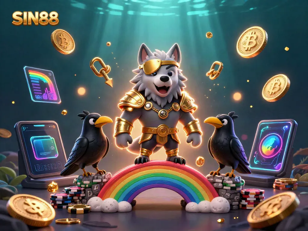 SIN88 showcases a powerful Odin wolf with golden armor and ravens against a casino chips bridge.
