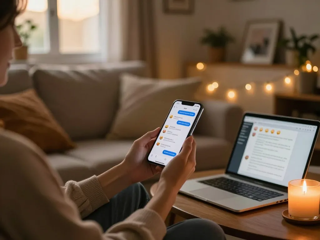 Engaging in playful sexting AI conversation in a cozy home setting with warm lighting.