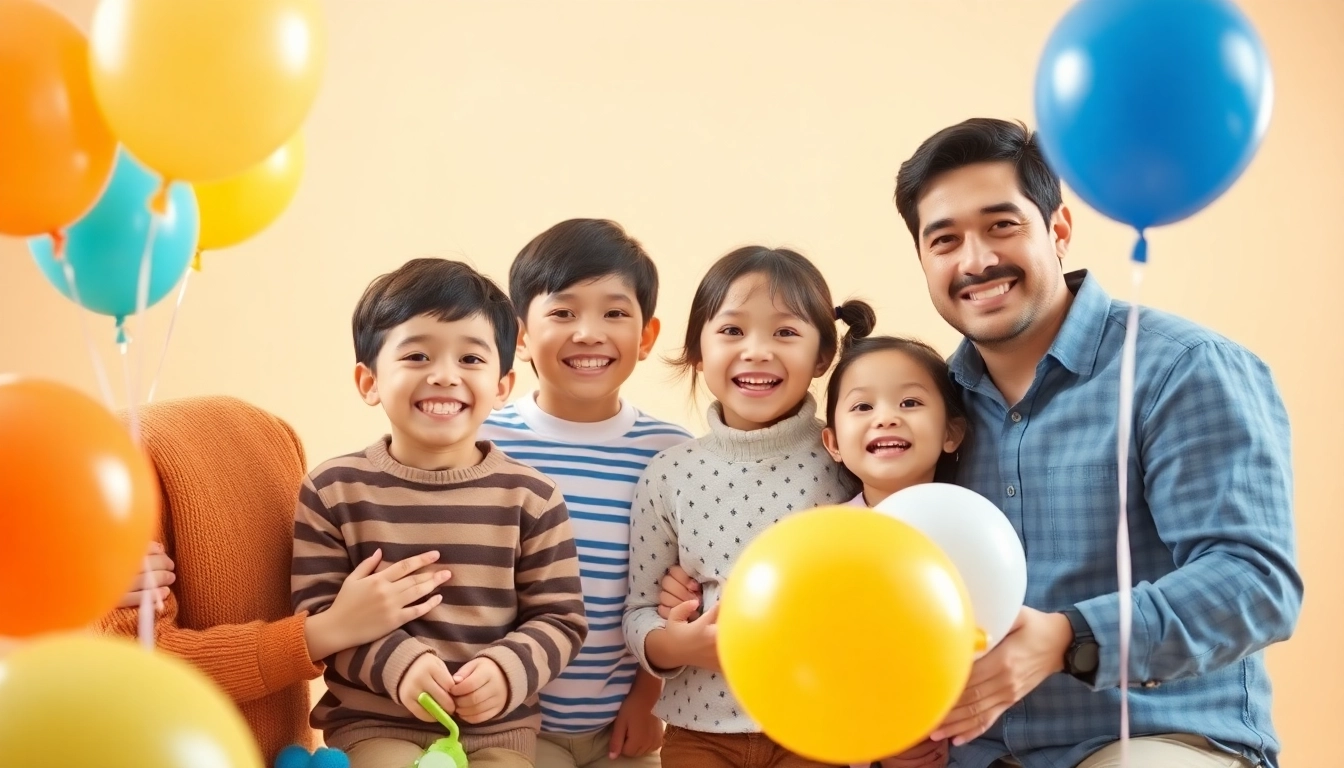 Family enjoying a joyful JCPenney photoshoot with colorful props.