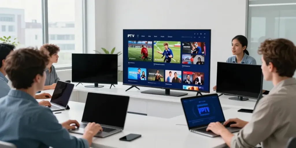 Group discussing beste IPTV anbieter with various devices in a modern office.