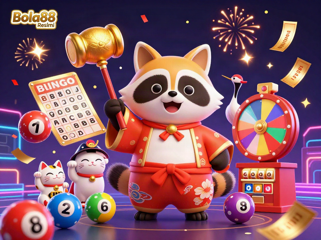 Bola88 Resmi celebrates sports betting with colorful animated elements and lucky charms in a vibrant scene.