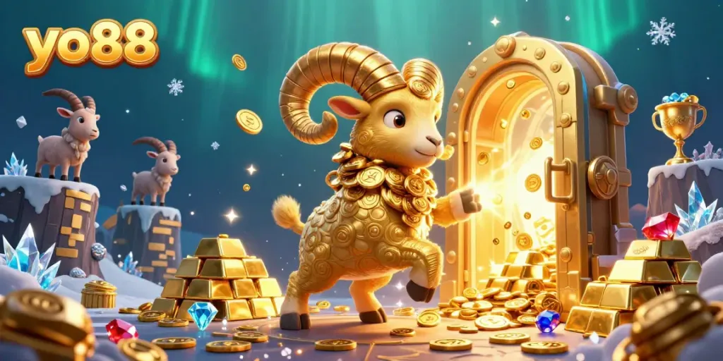 Embrace the thrill of yo88 as a golden ram charges through a treasure-filled gate, symbolizing online casino excitement.