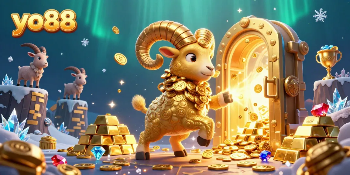 Embrace the thrill of yo88 as a golden ram charges through a treasure-filled gate, symbolizing online casino excitement.