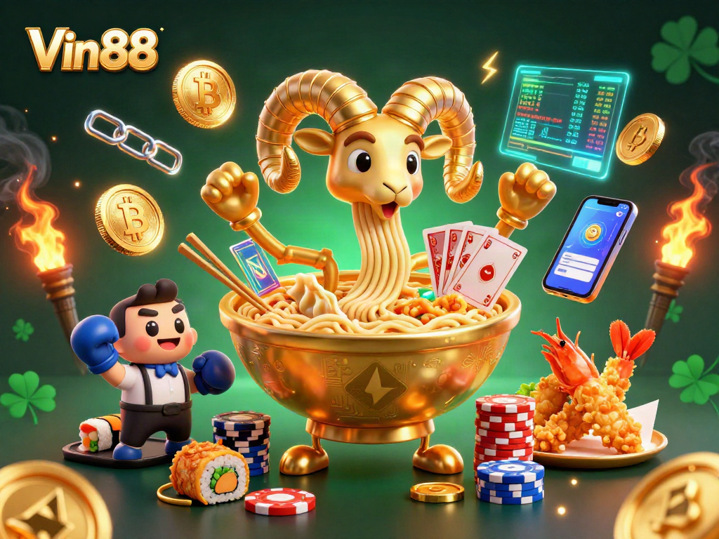 Experience Vin88's vibrant casino atmosphere with a golden ramen bowl dealer and crypto elements.