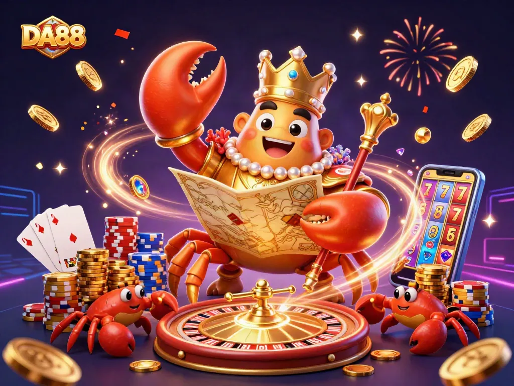 DA88 captures thrilling moments with a crab emperor, gold coins, and casino games.