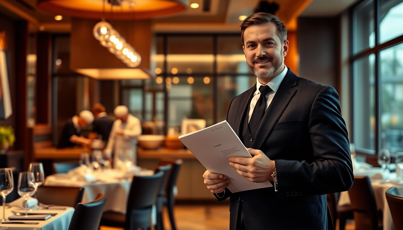Headhunter Gastronomie inspiriert im eleganten Restaurant, während er Lebensläufe bewertet.
