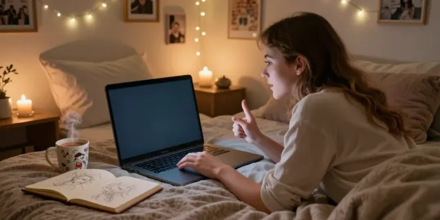 Engaging in horny AI chat in a cozy bedroom setting with warm lighting and personal touches.