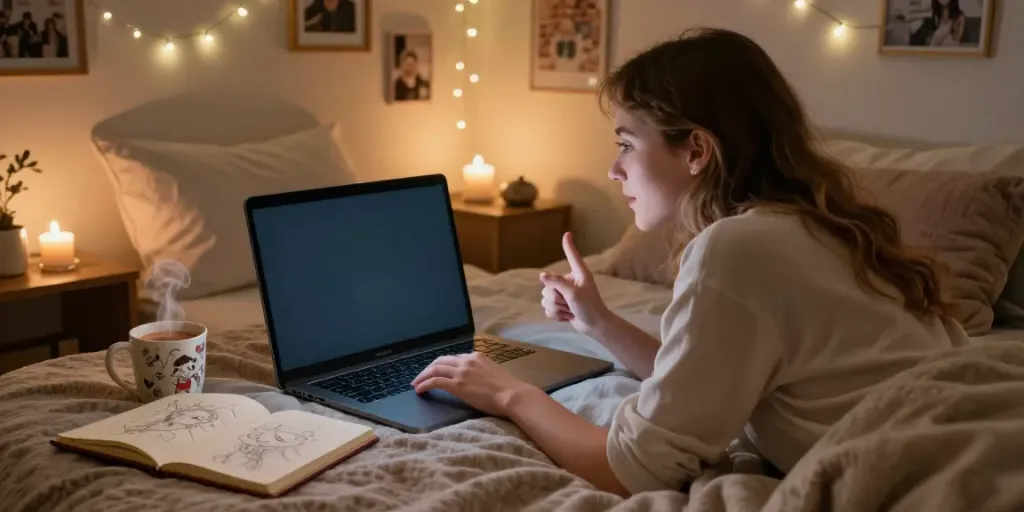 Engaging in horny AI chat in a cozy bedroom setting with warm lighting and personal touches.