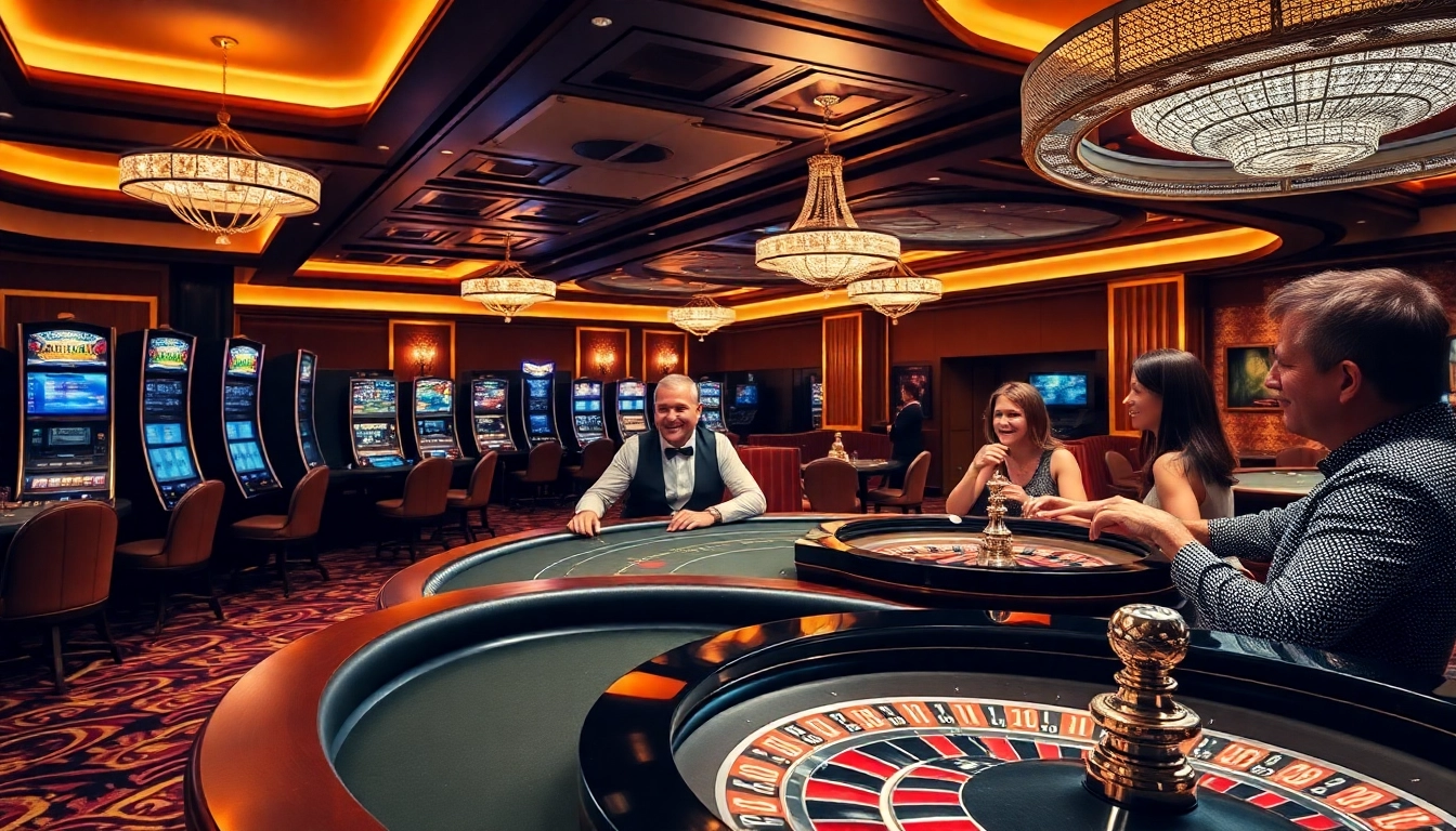 Erleben Sie Spannung im schweiz online casino mit fröhlichen Spielern an Spielautomaten und Tischen.