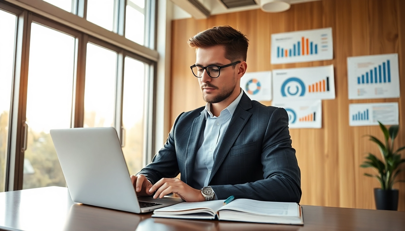 Headhunter CEO in einem modernen Büro, konzentriert am Laptop arbeitend.