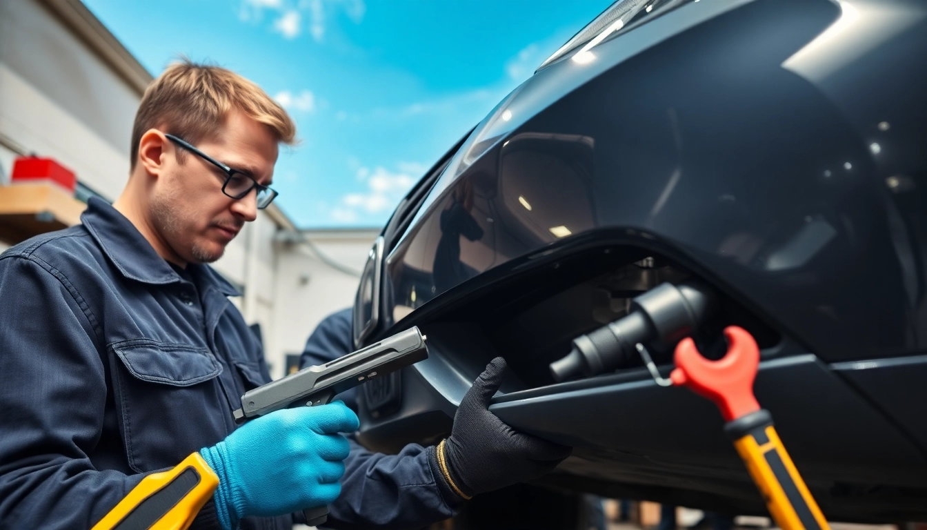 Stoßstange reparieren München zeigt einen Mechaniker bei der präzisen Reparatur eines Schadens an einem Fahrzeugstoßfänger.