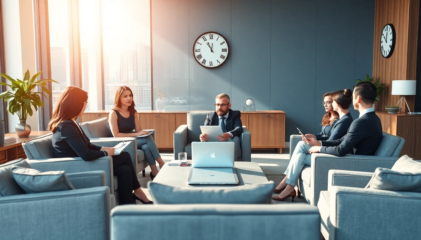 Headhunter Agentur in einem modernen Büro mit Führungskräften bei einer Besprechung, die Professionalität ausstrahlen.