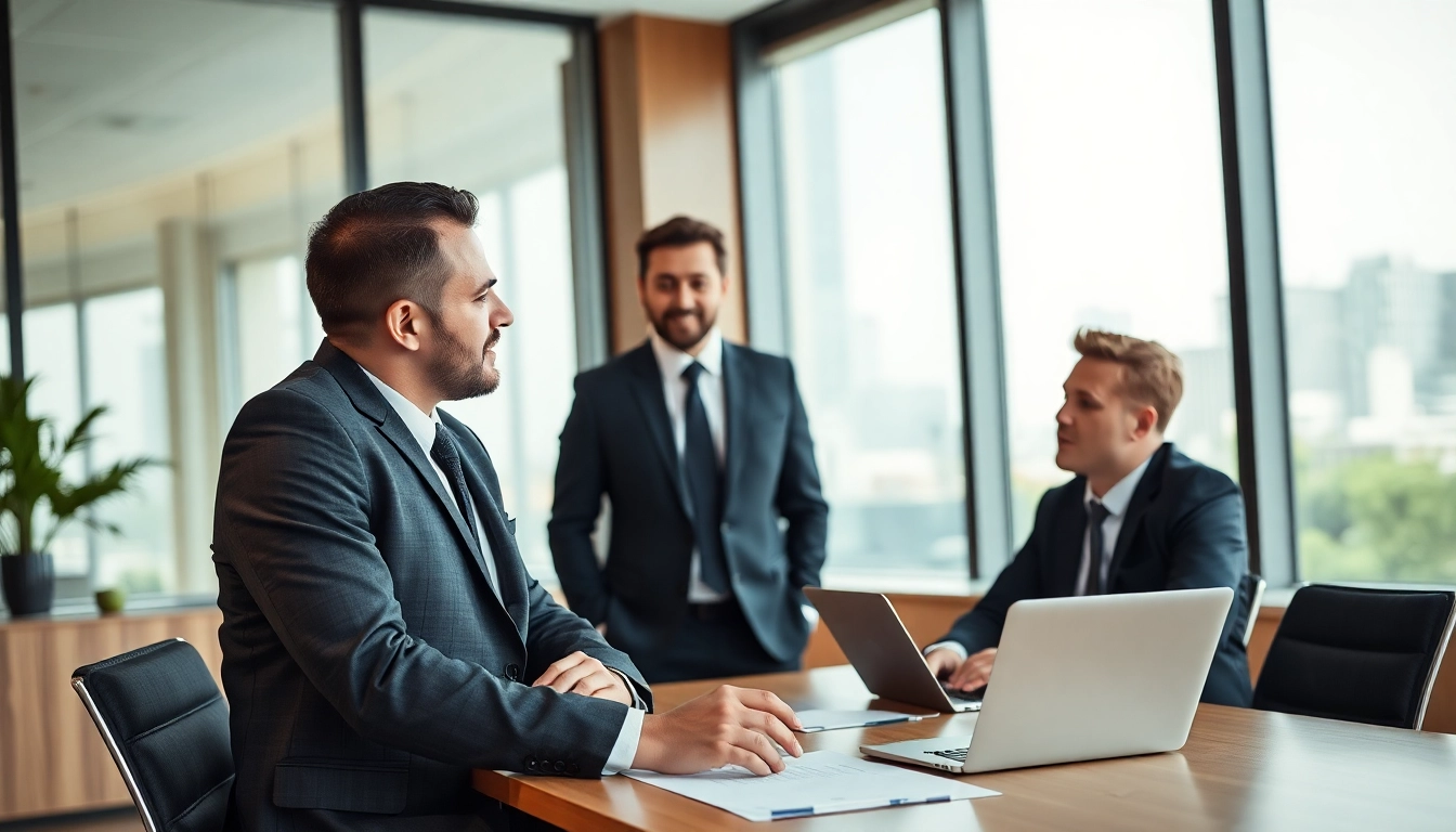 Diskussion zwischen Headhunter Geschäftsführer und Kunden in modernem Büro.