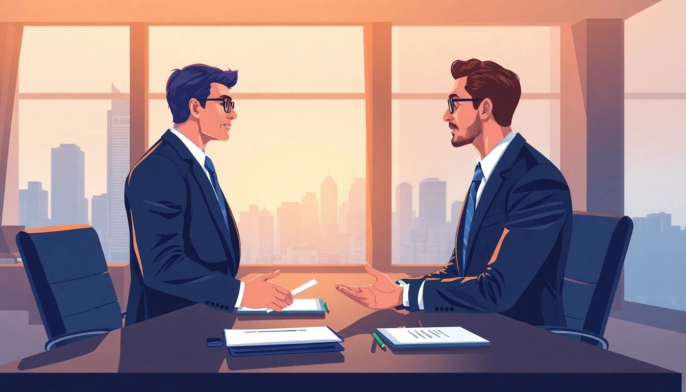 Headhunter conversing with a candidate in a modern office setting.